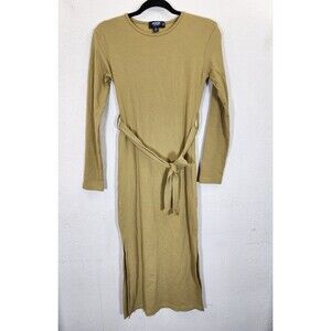 Missguided Maternity Dress Women's 4 Mustard Yellow Ribbed Knit Tie Waist Midi